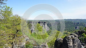 Beautiful summer view of Elbe river from Bastei view pont. Colorful morning scene of Saxon Switzerland national park