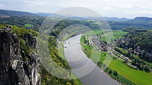 Beautiful summer view of Elbe river from Bastei view pont. Colorful morning scene of Saxon Switzerland national park