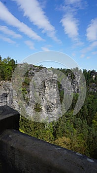 Beautiful summer view of Elbe river from Bastei view pont. Colorful morning scene of Saxon Switzerland national park