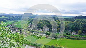 Beautiful summer view of Elbe river from Bastei view pont. Colorful morning scene of Saxon Switzerland national park