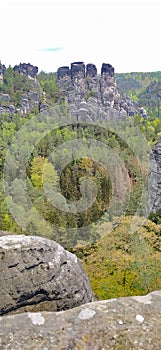 Beautiful summer view of Elbe river from Bastei view pont. Colorful morning scene of Saxon Switzerland national park