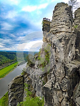 Beautiful summer view of Elbe river from Bastei view pont. Colorful morning scene of Saxon Switzerland national park