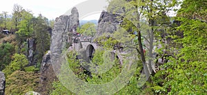 Beautiful summer view of Elbe river from Bastei view pont. Colorful morning scene of Saxon Switzerland national park