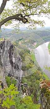 Beautiful summer view of Elbe river from Bastei view pont. Colorful morning scene of Saxon Switzerland national park