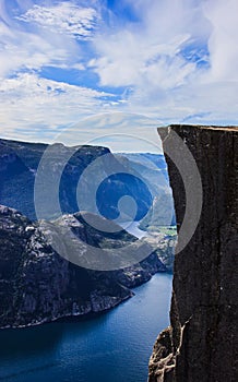 Beautiful summer view with nobody of the world famous Preikestolen Preacher`s Pulpit or Pulpit Rock, Stavanger, Norway.