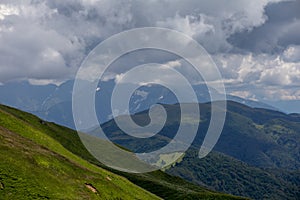 Beautiful summer views of blooming alpine meadows of Caucasus mountains