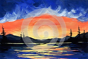 Beautiful summer watercolor landscape of bright orange sunset sky with massive blue clouds, calm lake and dark silhouettes of