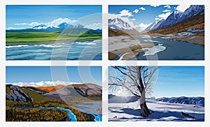 Beautiful summer and winter landscapes with an blue sky, rivers, trees, forest, mountains, clouds and snow peaks on