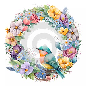 A beautiful summer wreath with blue bird. Watercolor botanical wreath illustration on a white background. Generative AI