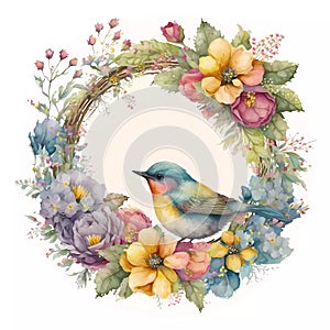 A beautiful summer wreath with blue bird. Watercolor botanical wreath illustration on a white background. Generative AI