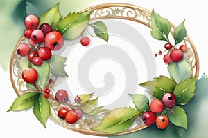 Beautiful summer wreath with red berries on white background, watercolor illustration. Copy space, place for text