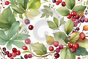 Beautiful summer wreath with red berries on white background, watercolor illustration. Copy space, place for text