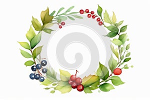 Beautiful summer wreath with red and blue berries on white background, watercolor illustration. Copy space, place for text