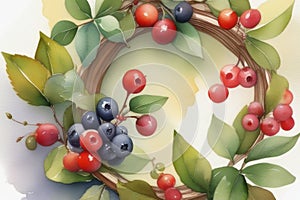 Beautiful summer wreath with red and blue berries on white background, watercolor illustration. Copy space, place for text