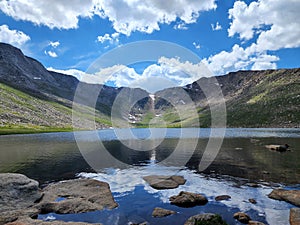 Beautiful Summit lake view under a cloudy blue sky in Colorado