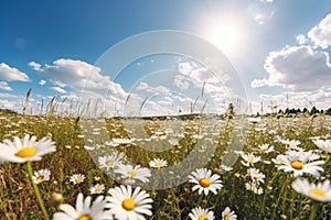 A beautiful, sun-drenched spring summer meadow, Natural colorful panoramic landscape with many wild flowers