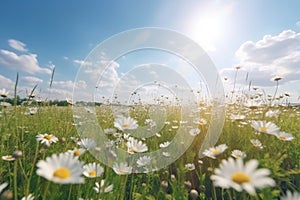 A beautiful, sun-drenched spring summer meadow, Natural colorful panoramic landscape with many wild flowers