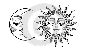 Beautiful sun and moon crescent with face, vintage boho tattoo, mystical symbols of astrology, zodiac, esotericism