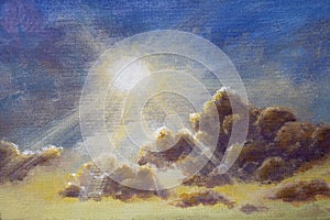 Beautiful sun with rays and big fluffy cloud on the blue sky oil painting