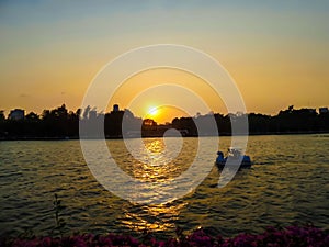 Beautiful sun set light over quiet lake