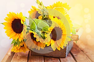 Beautiful sunflower bouquet in wooden box