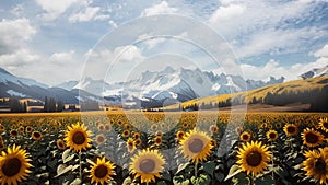 The beautiful sunflower field behind the snowy mountains is a beautiful nature.