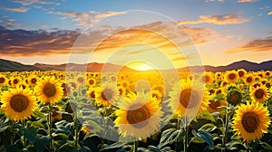 Beautiful sunflower field in the morning with sunlight. generative AI