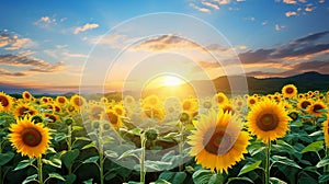 Beautiful sunflower field in the morning with sunlight. generative AI