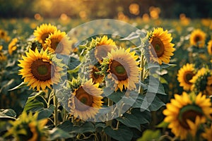 Beautiful sunflower flower blooming in sunflowers field with white cloudy and blue sky.