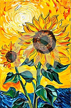 Beautiful sunflower in Van Gogh style, swirling enegrgy and movement of the flower, bold, vibrant, flowery painting art photo