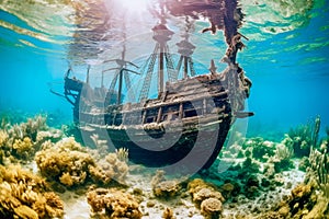 Beautiful Sunken Wooden Old Sailing Ship at the Bottom of the Ocean Among Magical Corals and Reefs extreme closeup. Generative AI