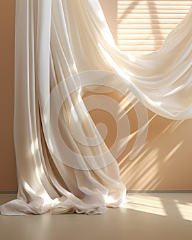 Beautiful sunlight blowing white sheer curtain from open window on blank beige brown wall floor white baseboard for interior