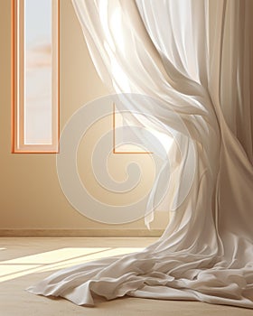 Beautiful sunlight blowing white sheer curtain from open window on blank beige brown wall floor white baseboard for interior