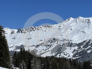 Beautiful sunlight and snow-capped alpine peaks above the Swiss tourist sports-recreational winter resorts