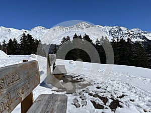 Beautiful sunlight and snow-capped alpine peaks above the Swiss tourist sports-recreational winter resorts