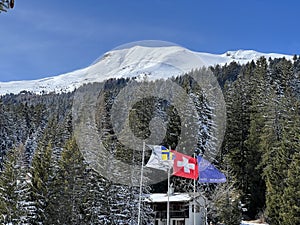 Beautiful sunlight and snow-capped alpine peaks above the Swiss tourist sports-recreational winter resorts