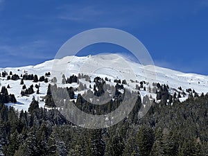 Beautiful sunlight and snow-capped alpine peaks above the Swiss tourist sports-recreational winter resorts