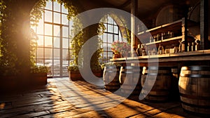 Beautiful sunlit cozy old-fashioned interior with glass arched doorways. Wooden barrels as the elements of design. Low angle view