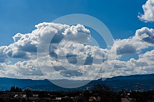 A beautiful sunny blue sky over the mountain valley. Panorama