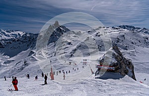 Beautiful sunny day and amazing landscape around, sign Courchevel Meribel.