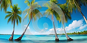Beautiful sunny day at a beach resort in the tropics. Palm trees and ocean coast. Generative AI