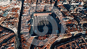 Beautiful sunny day in city,architecture and landmark of Madrid. Crowded center of capital of Spain.Aerial view of Plaza Mayor