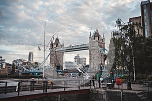 Beautiful sunny evening sunset view of the Tower Bridge with the cloudy blue sky