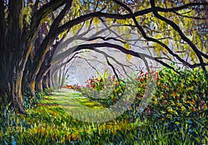 Beautiful sunny forest flowers landscape painting