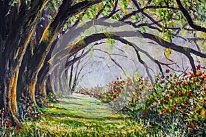 Beautiful sunny forest flowers landscape painting