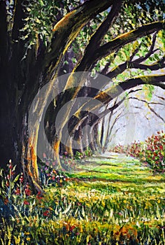 Beautiful sunny forest flowers landscape painting