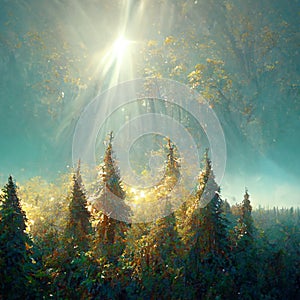 Beautiful sunny morning in magic forest. Forest in the morning in a fog in the sun, trees in a haze of light, glowing fog among