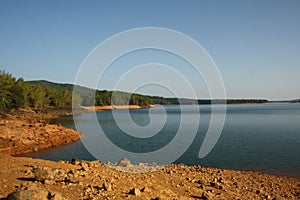 Beautiful sunny reservoir bank of Sharavathi river in Karnataka, India