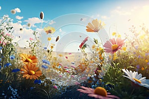 Beautiful, sunny spring summer meadow. Natural colorful panoramic landscape with many wild flowers and blue sky