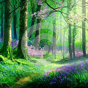 Beautiful sunny summer morning in magic forest. Forest in the morning in the sun, trees in a haze of light, glowing fog among the